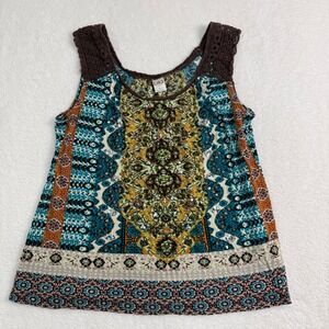 Bila Crochet Trim Embellished Tank Top Womens Large Boho Flowy Vacation Summer
